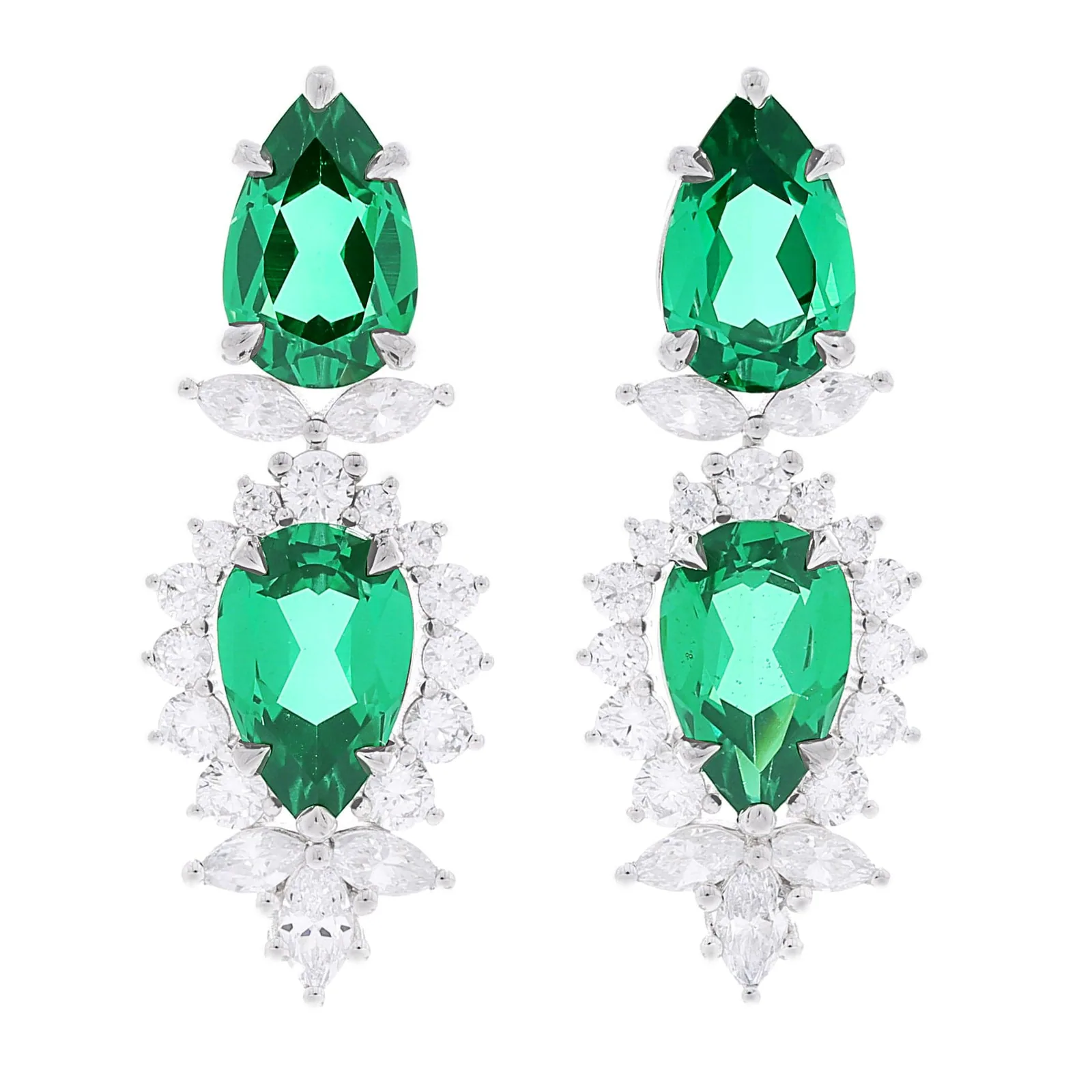 Emerald & Diamond Pendant Earrings with Pear, Marquise & Round Stones, front view