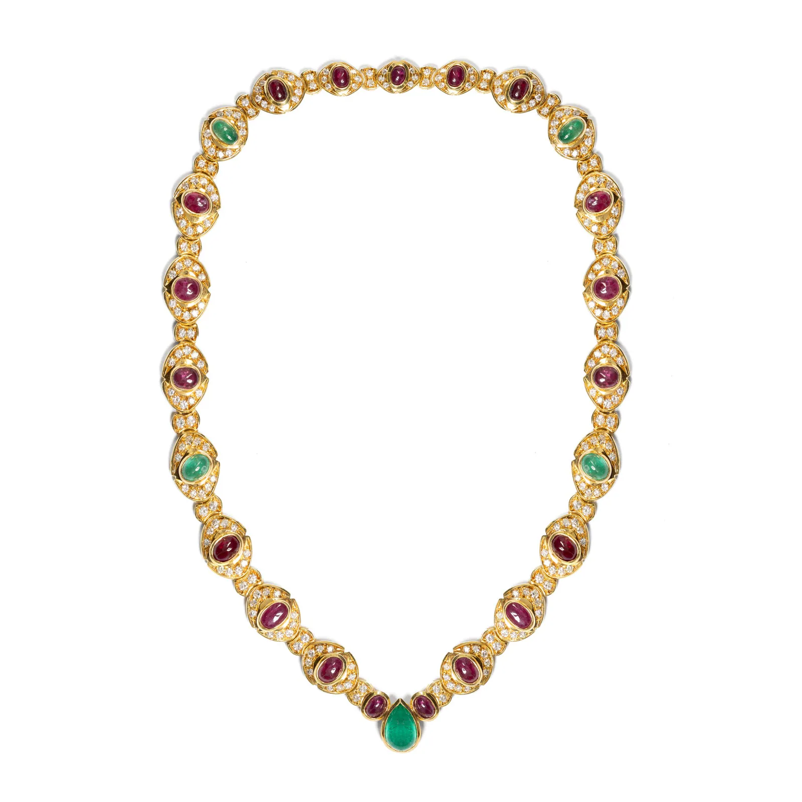 Ruby & Emerald Cabochon Necklace in 18k Yellow Gold