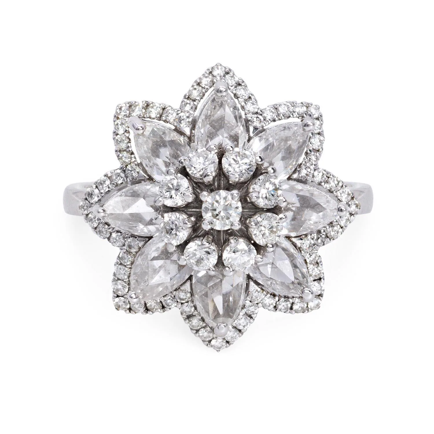 Rose Cut Diamond Ring in 18k White Gold, front view