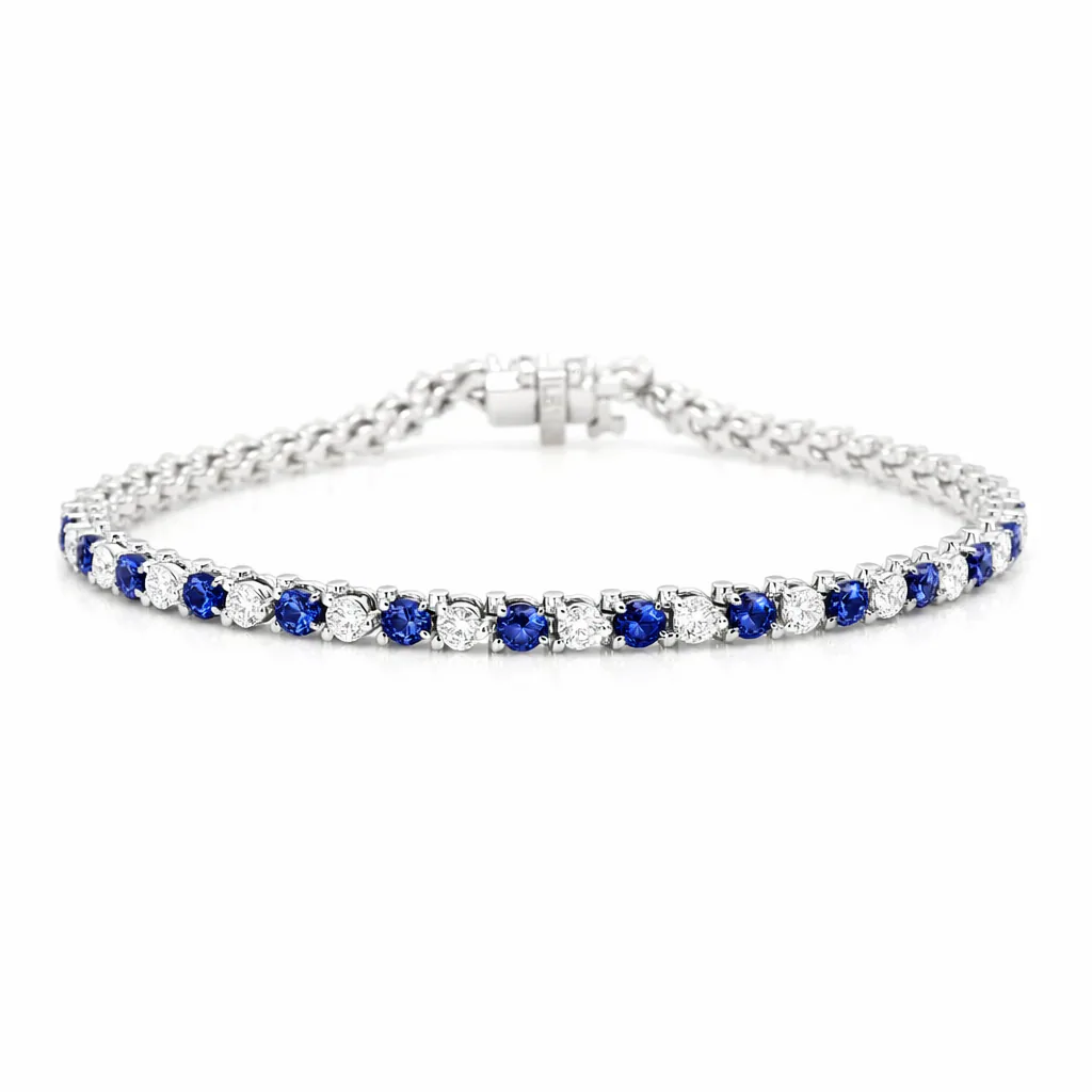 Three-Prong Natural Sapphire and Diamond Tennis Bracelet in 14K White Gold, front view