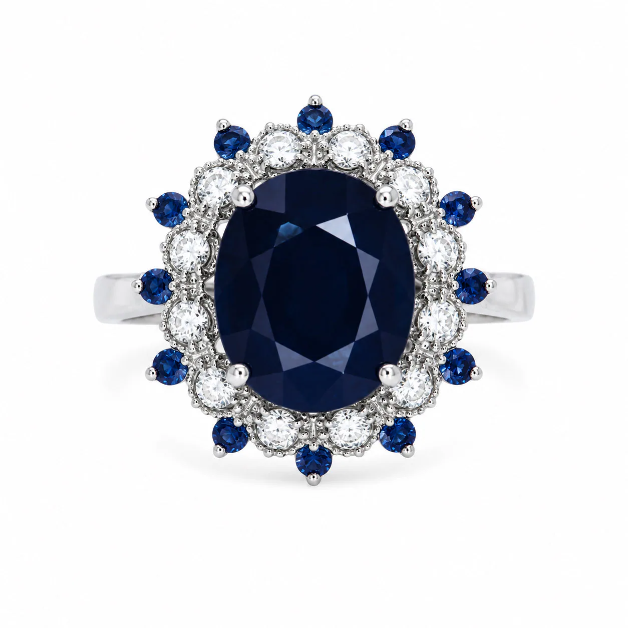Origins Blue Sapphire and Diamond Halo Ring, front view