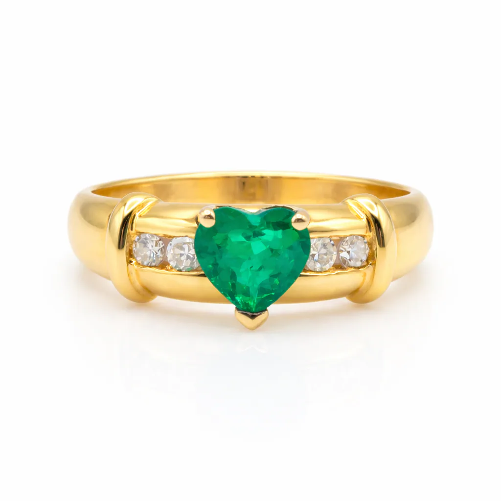 Heart-Shaped Emerald & Diamond Ring in 18k Yellow Gold, front view