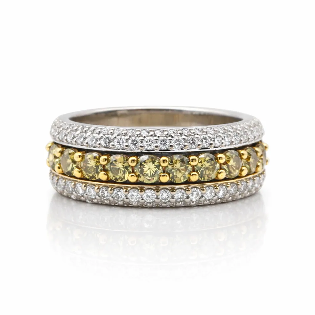 Fancy Green Diamond Pavé Band Ring in 18k White Gold, front view