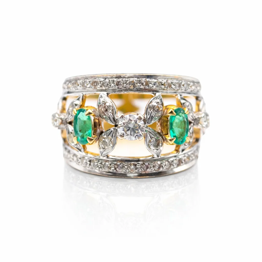 Blossom Marquise Diamond and Emerald Ring, front view