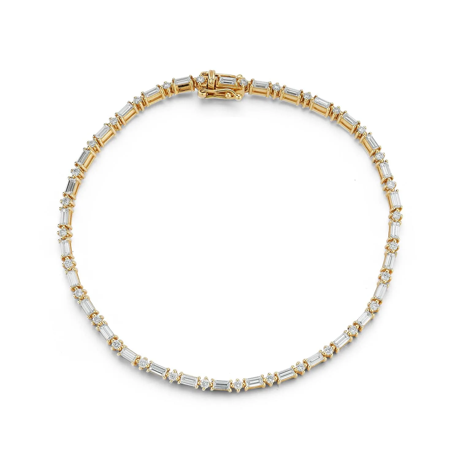 Round and Baguette Tennis Bracelet in 14k Yellow Gold, front view
