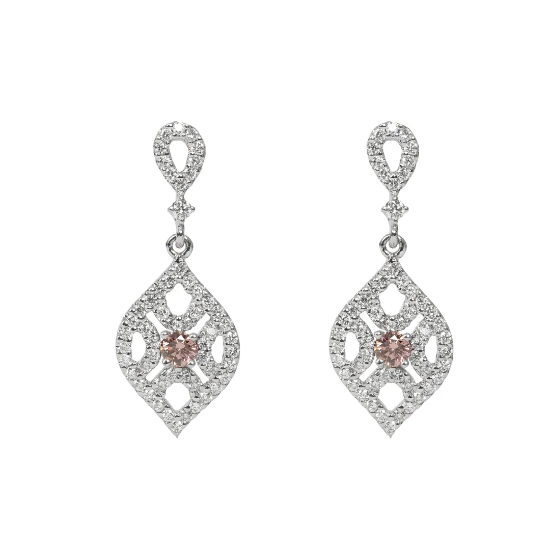 Fancy Pink Diamond Drop Earrings in 18k White Gold, front view