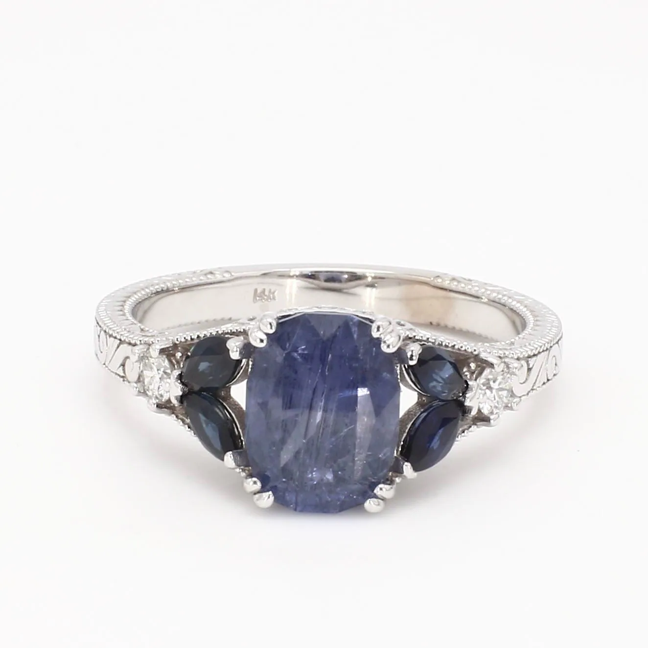 Briyanna Vintage Inspired Sapphire and Diamond Engagement Ring, front view